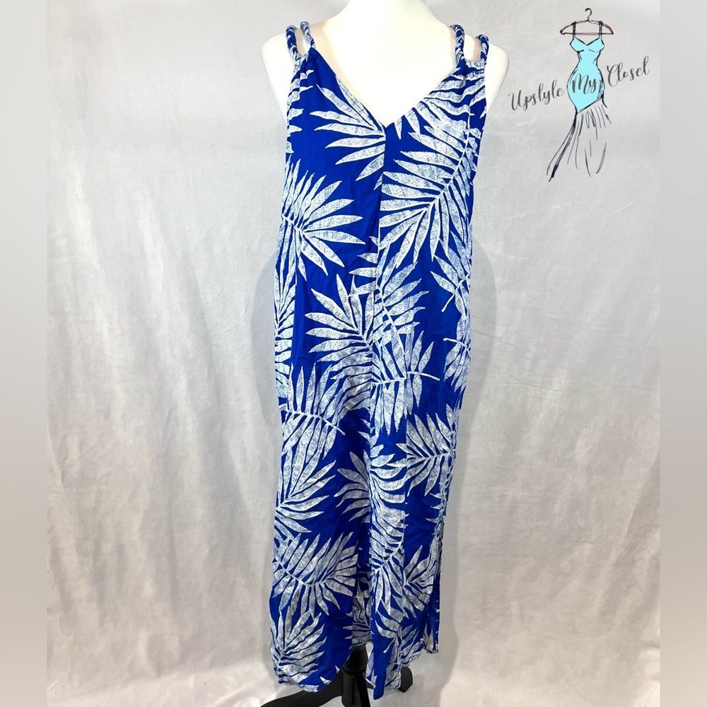 Blue and white linen blend tropical print double strap midi dress size medium